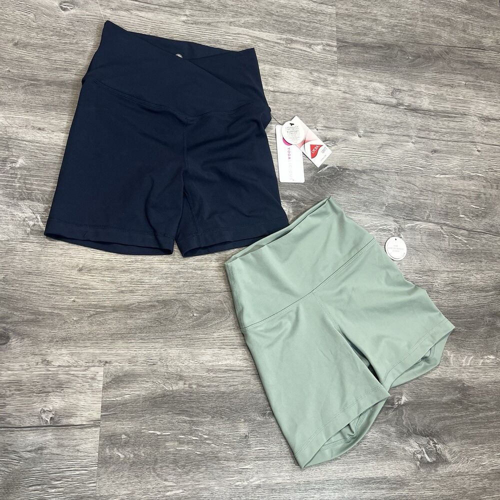 Yogalicious Lux Women's lycra 2 Pair 5” Bike Shorts sage navy‎ NWT $78 S XS-READ